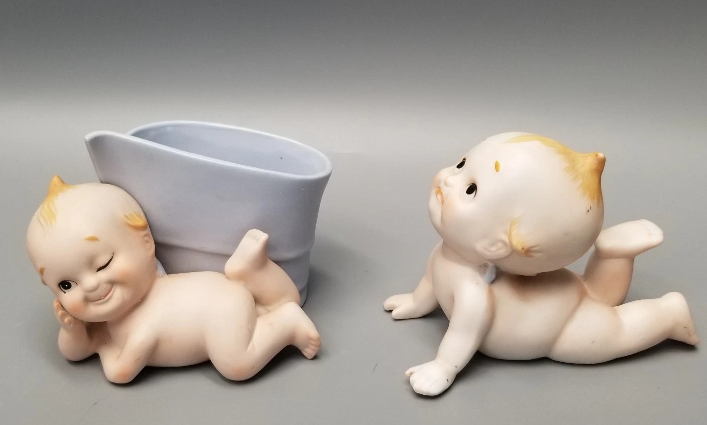 Felton Kewpie Porcelain Doll Set Crying And Planter Baby Blue Wings W/Tags Vtg Felton Kewpie Porcelain Doll Set Crying And Planter Baby Blue Wings W/Tags Vtg