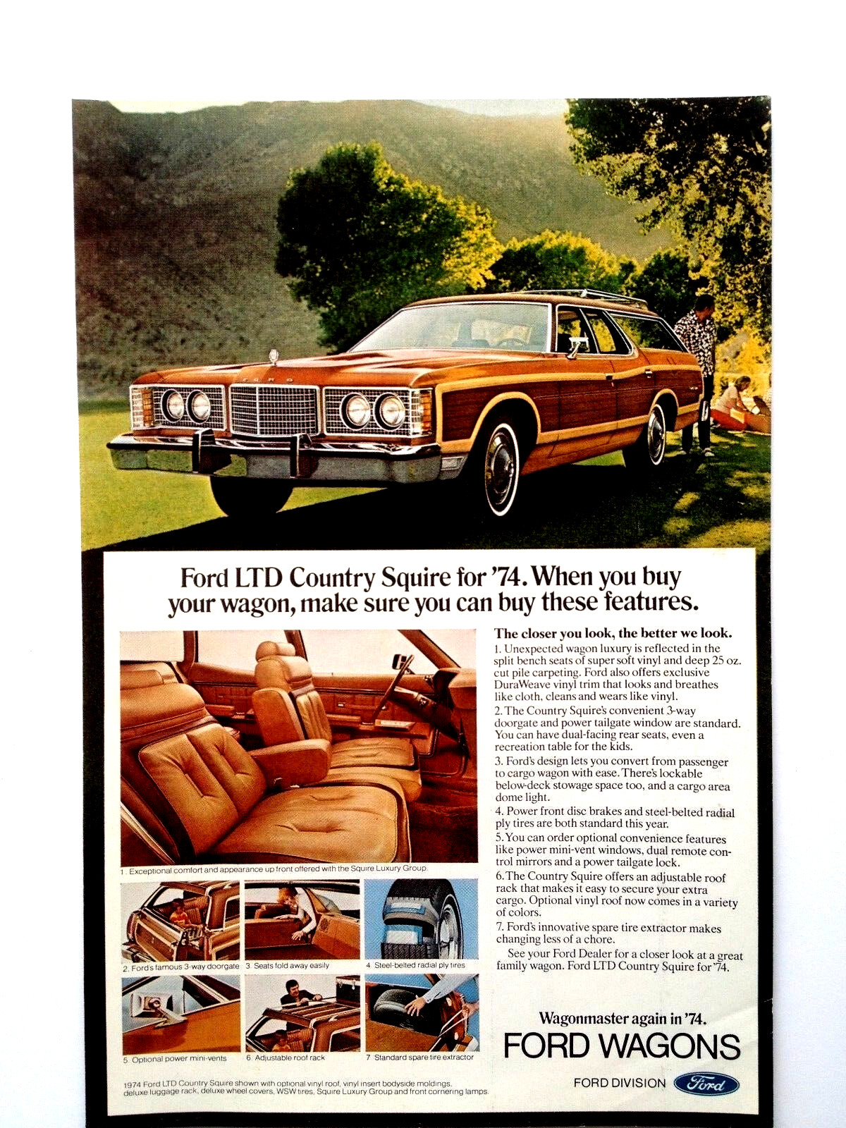 1974 Ford LTD Country Squire Station Wagon Print Ad Buy These Features