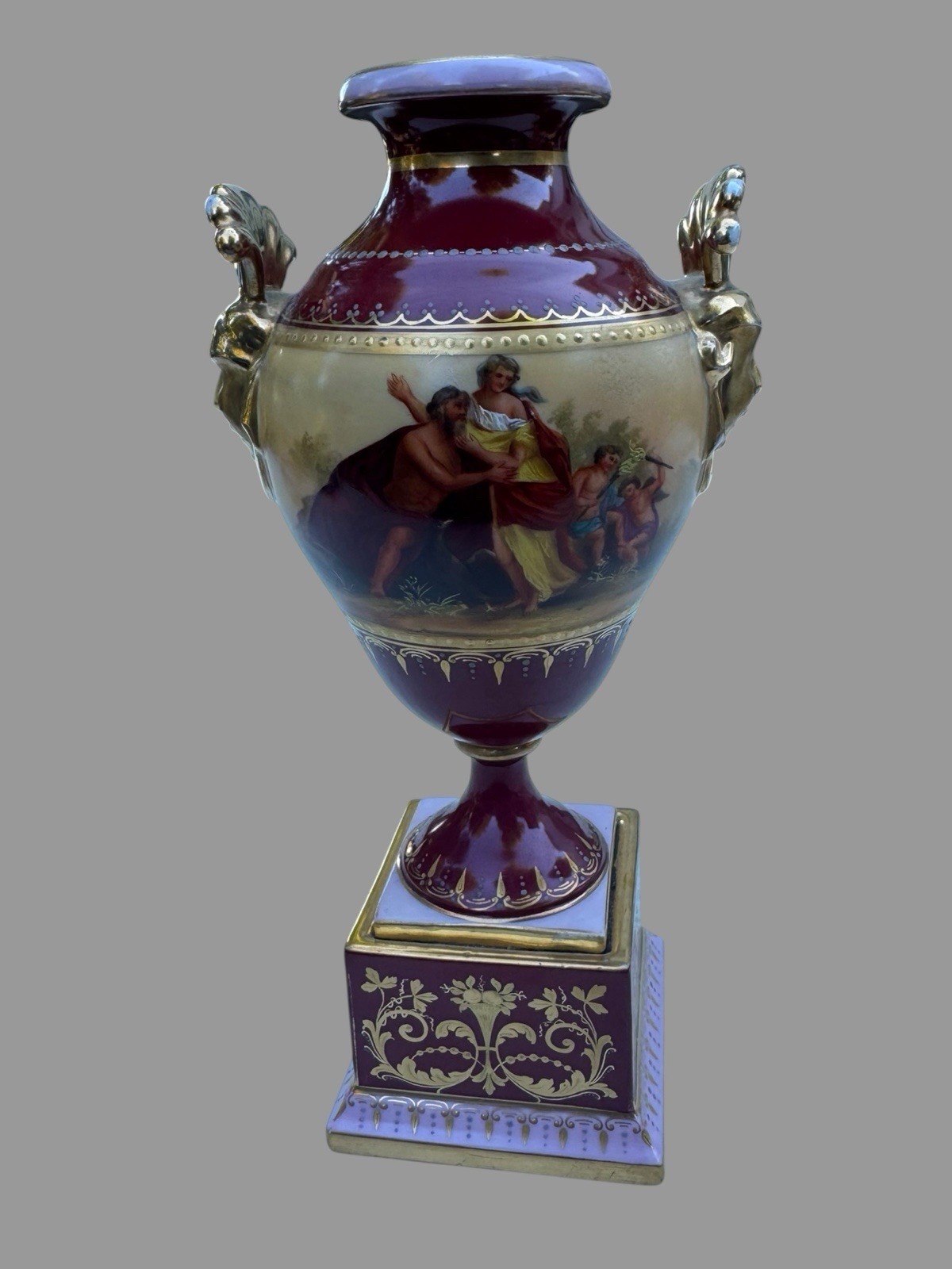 Antique Vienna Style Porcelain Urn Hand Painted Classical Scenes Gilt Mask