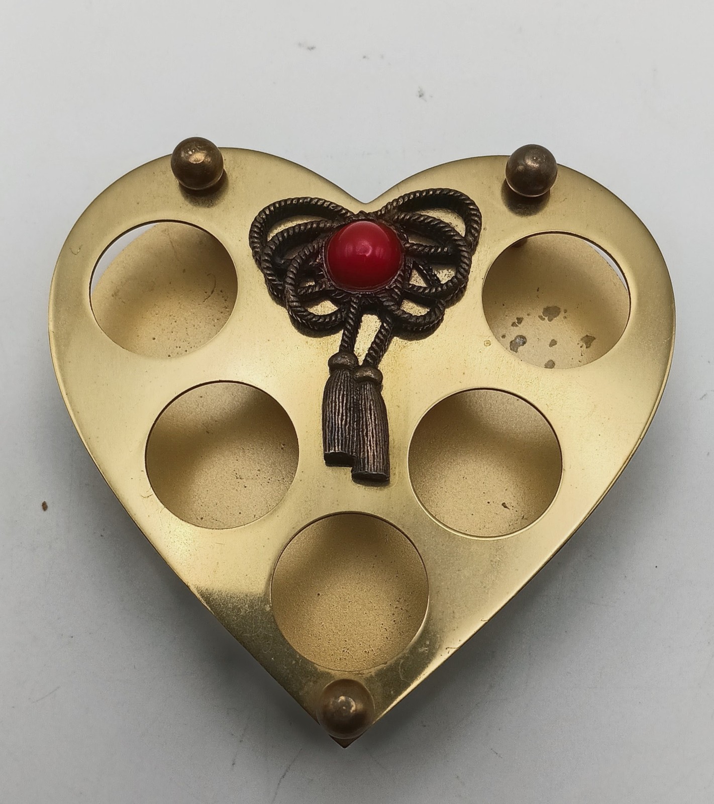 Vintage Ameco Metal Rod Co Brass Heart Lipstick Holder Red Cabochon Vanity Stand