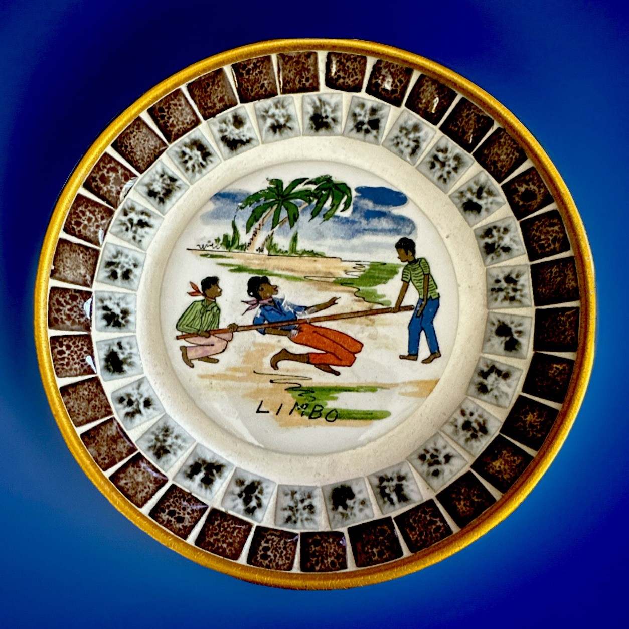 Vtg Caribbean Limbo Dance Plate Hand Painted Ceramic Gold Trim Tropical Art 4.75 Vtg Caribbean Limbo Dance Plate Hand Painted Ceramic Gold Trim Tropical Art 4.75