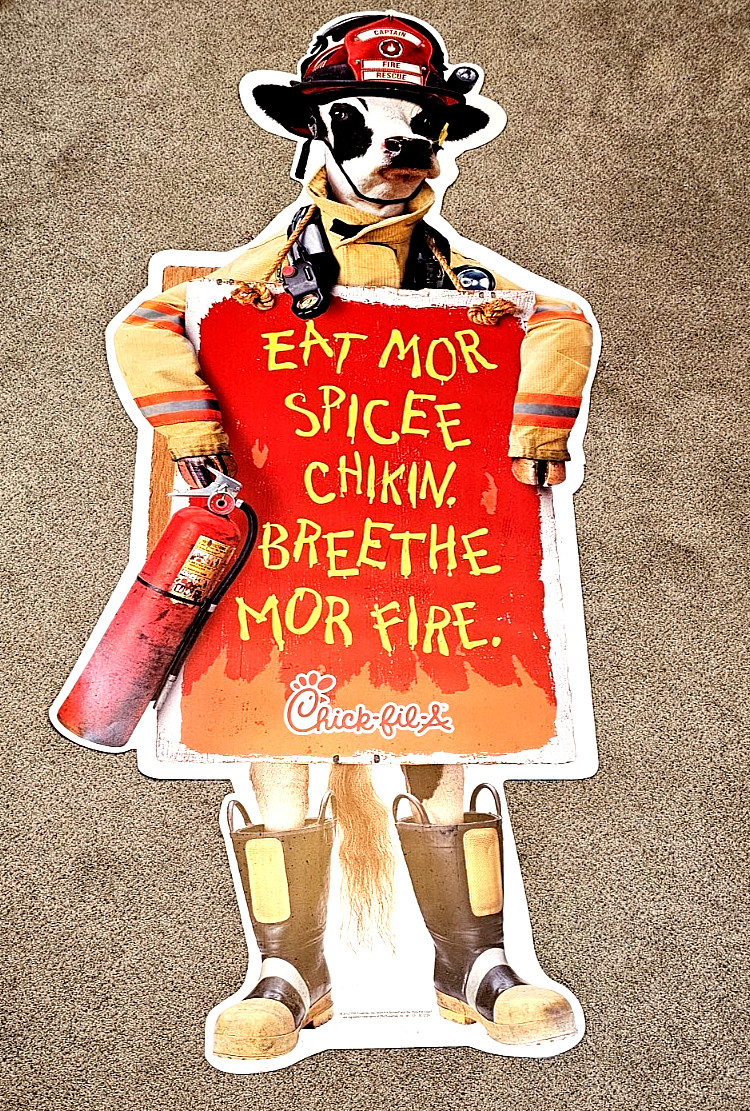 Chick-fil-A Vinyl Cow Advertising Display LARGE Wall Fireman Spicy Chicken 96x42