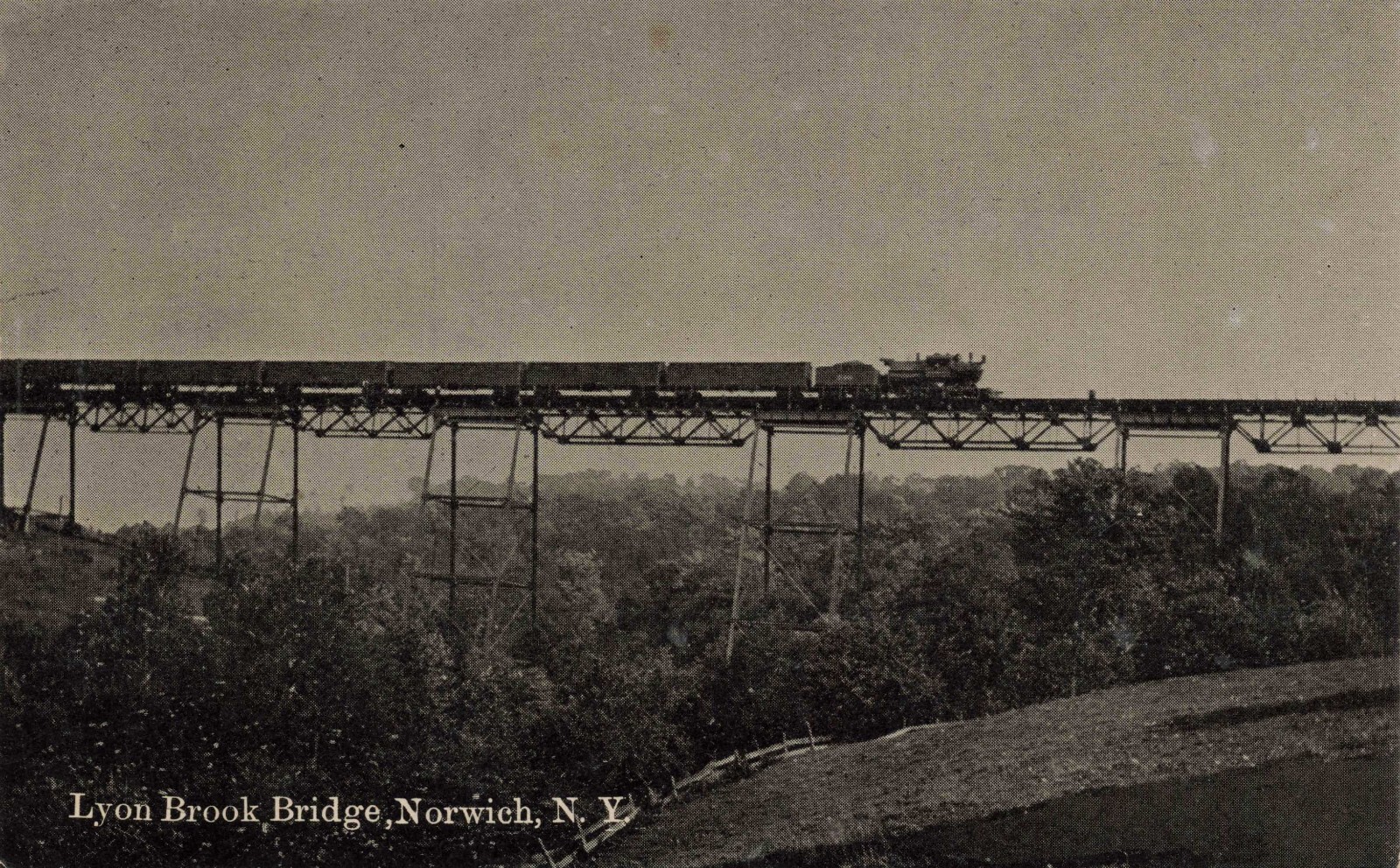 Steam Train on Lyon Brook Bridge Norwich New York Chenango County NY Postcard