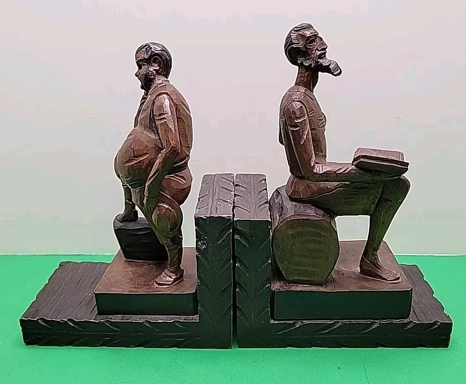 Vintage Ouro Artesania Don Quixote & Sancho Panza Carved Wooden Bookends.