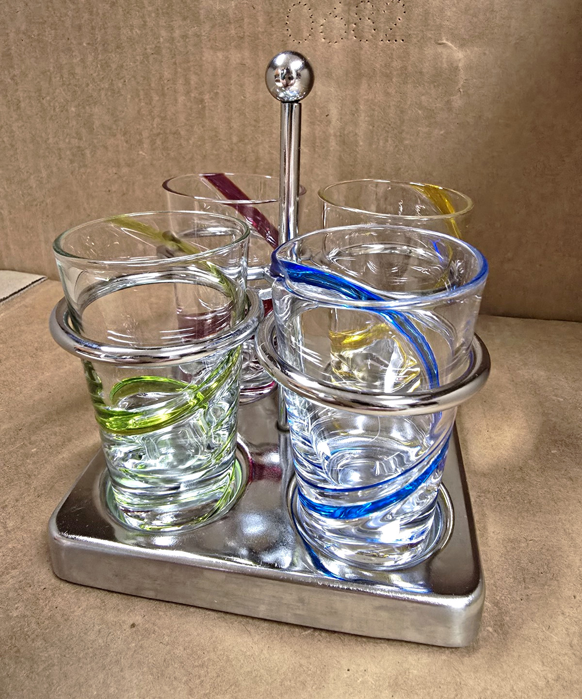 VTG 1990s Starbucks Hand Blown Swirl Espresso Shot Glass Set Chrome Caddy Rare
