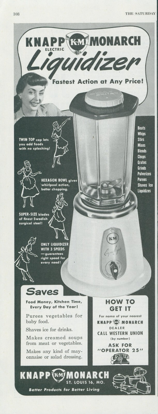 1951 Knapp Monarch Liquidizer Blender Baby Food Drinks Vintage Print Ad SP5