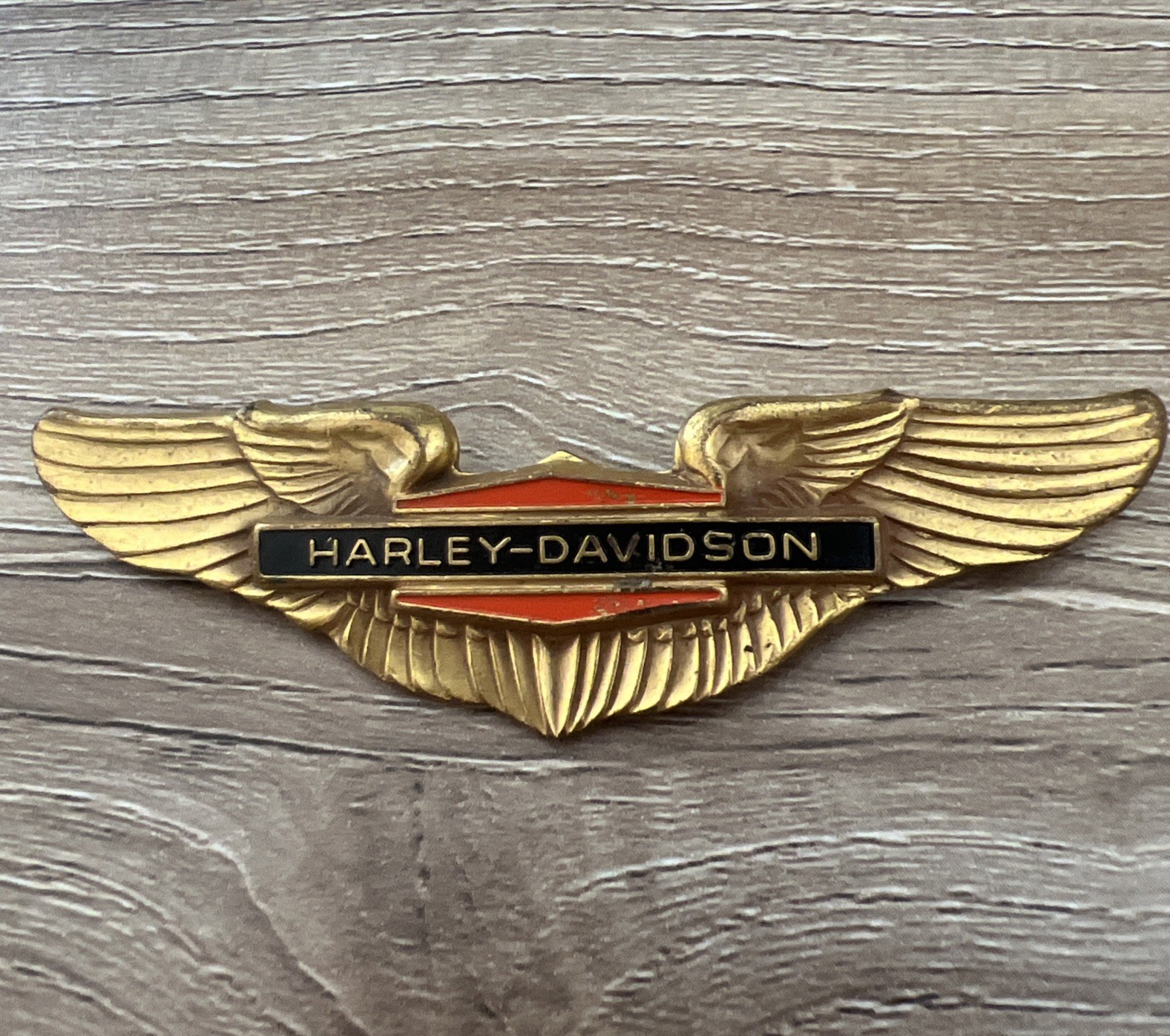 Vintage Gold Plated Brass Harley Davidson Bar & Shield Pilot Wings Safety Pin 3\