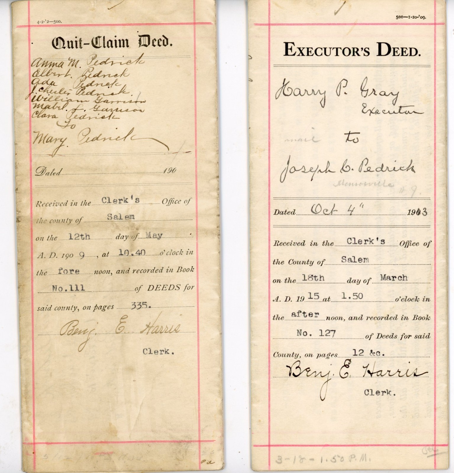 1909/13 Pittsgrove Salem Indenture Ann Joseph C Pedrick William Garrison H. Gray 1909/13 Pittsgrove Salem Indenture Ann Joseph C Pedrick William Garrison H. Gray