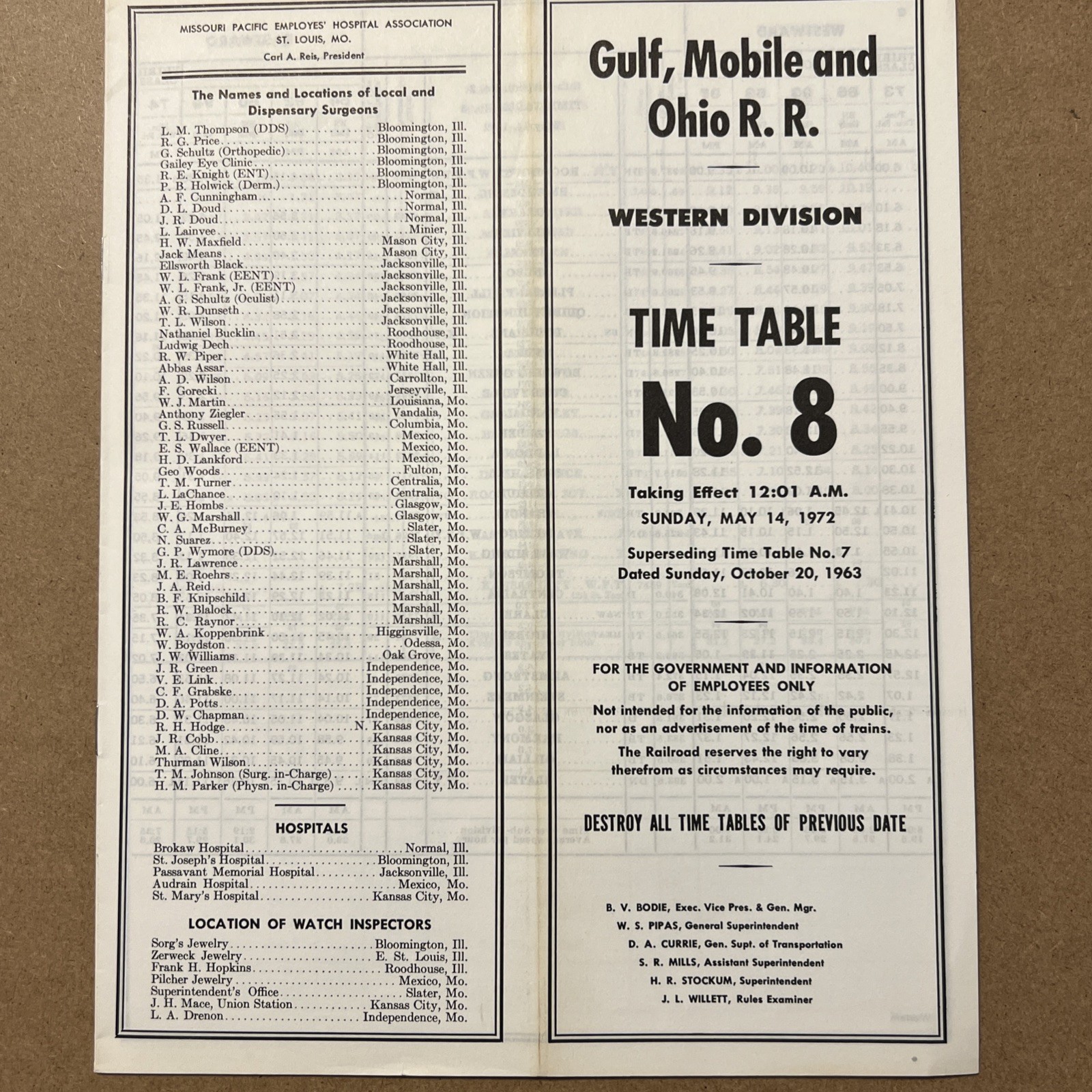 GM&O Railroad Employee Timetable #8 Western Division 1972 Gulf Mobile & Ohio RR