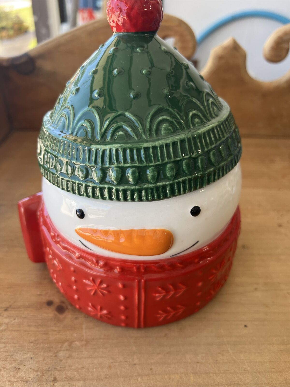 Hallmark Ceramic Christmas Snowman Head Cookie Treat Jar Canister Scarf Beanie