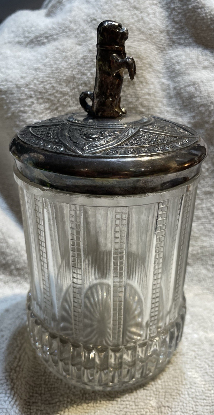 Vintage Cut Glass Canister w Silver Plated Pug Dog Finial Lid 6” Tall Vintage Cut Glass Canister w Silver Plated Pug Dog Finial Lid 6” Tall