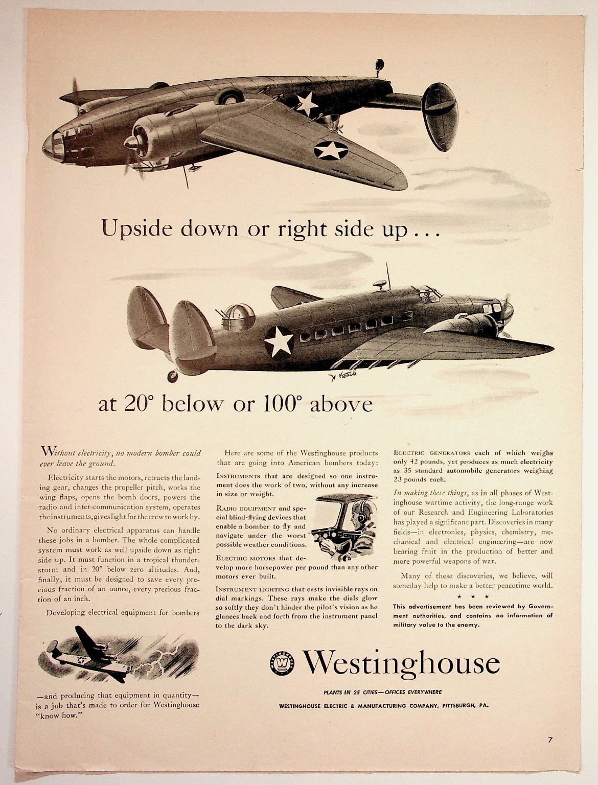 WWII Westinghouse Bomber Ad 1940s Original Print Ephemera US Military Plane WWII Westinghouse Bomber Ad 1940s Original Print Ephemera US Military Plane