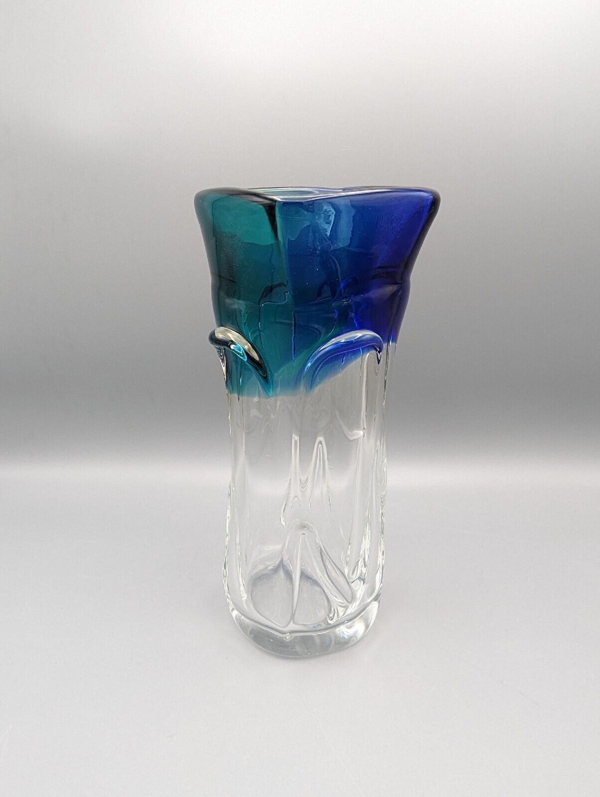 ✨ Vintage Chribska Bohemian Czech Art Glass Vase Blue Green Teal Blown Glass
