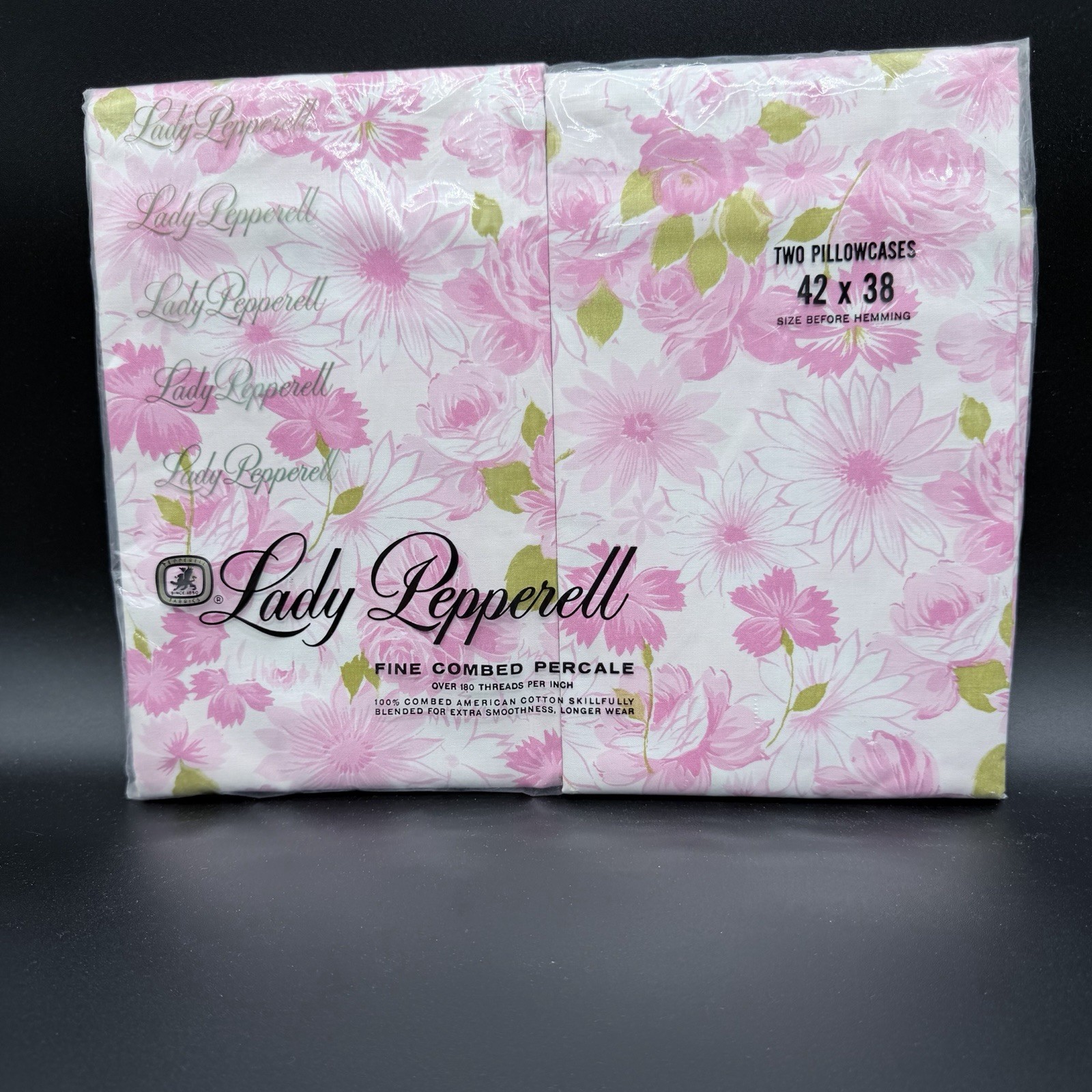 VTG 60’s MCM NOS LADY PEPPERELL TWO PILLOWCASES PINK FLOWERS FINE COMBED