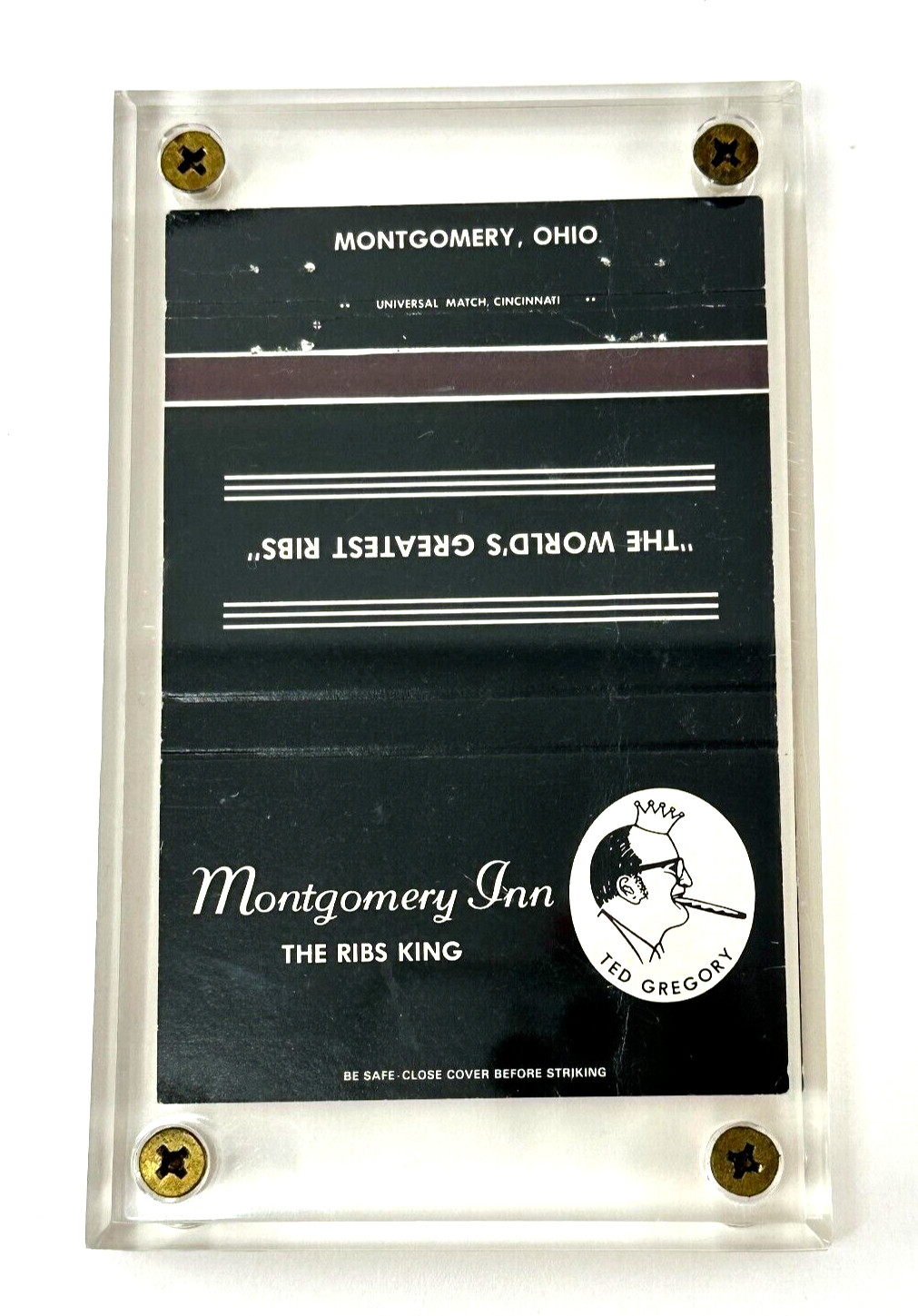 Matchcover Montgomery Inn The Ribs King Ted Gregory Humorous Encased in Acrylic Matchcover Montgomery Inn The Ribs King Ted Gregory Humorous Encased in Acrylic