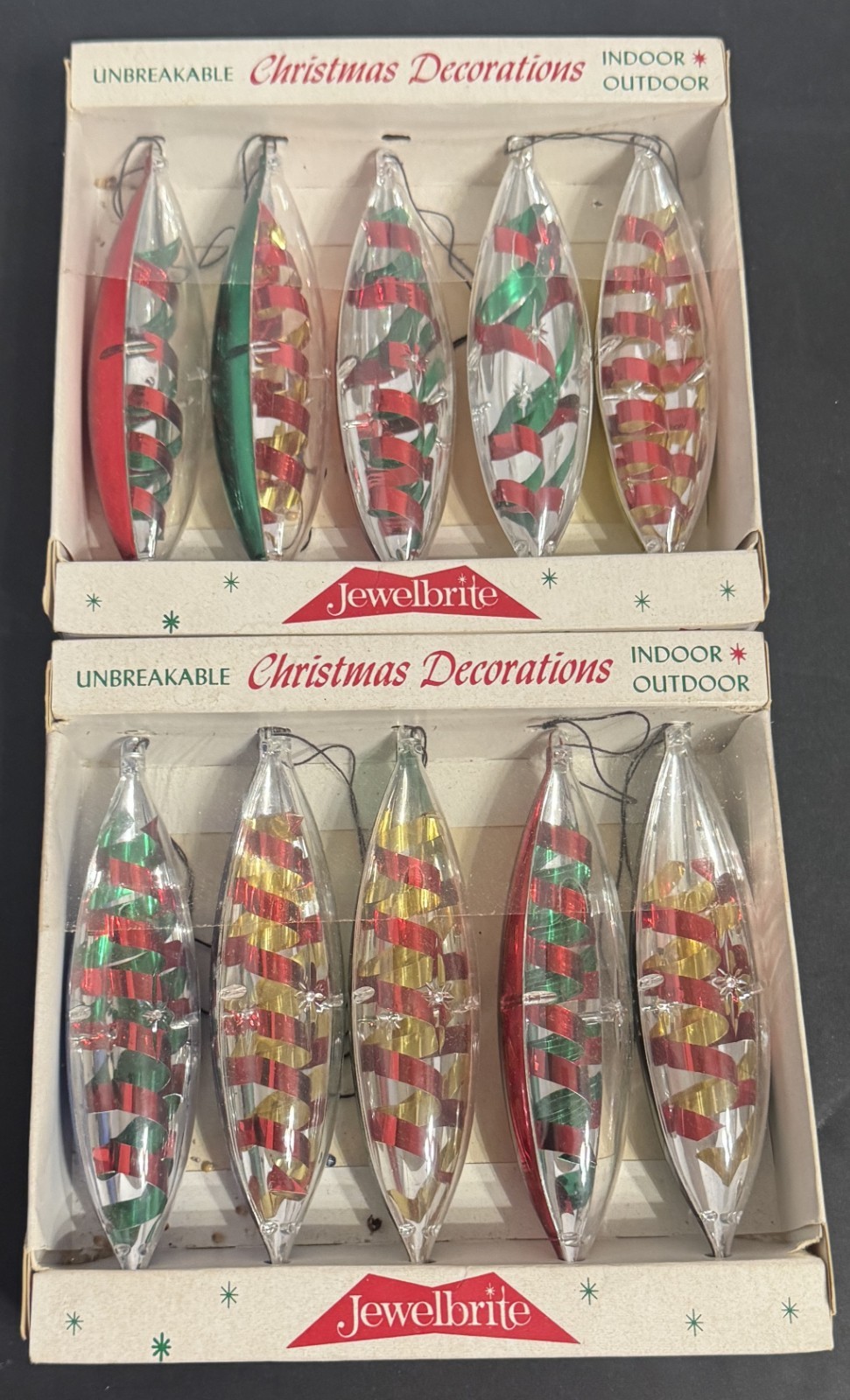 Vintage Lot Jewel Brite Teardrop Tinsel Ornaments 2 sets of 5 original Boxes