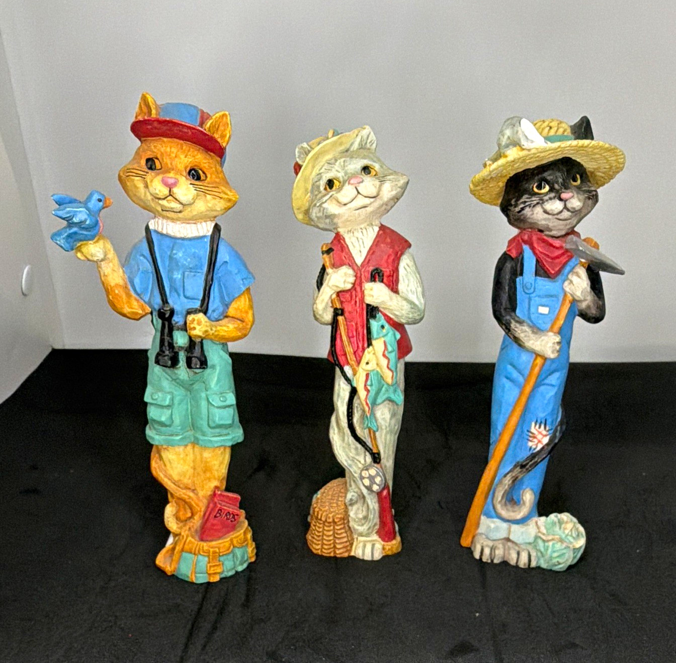Vintage Midwest Wooden Cat Figurines Set of 3 Country Characters Resin Folk Art Vintage Midwest Wooden Cat Figurines Set of 3 Country Characters Resin Folk Art