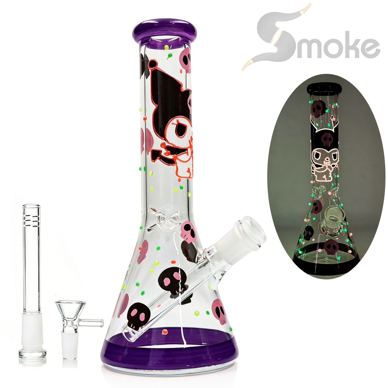 Hookah 10in Glow in Dark Glass Bong Beaker bong Water Pipes Smoking w/14mm bowl