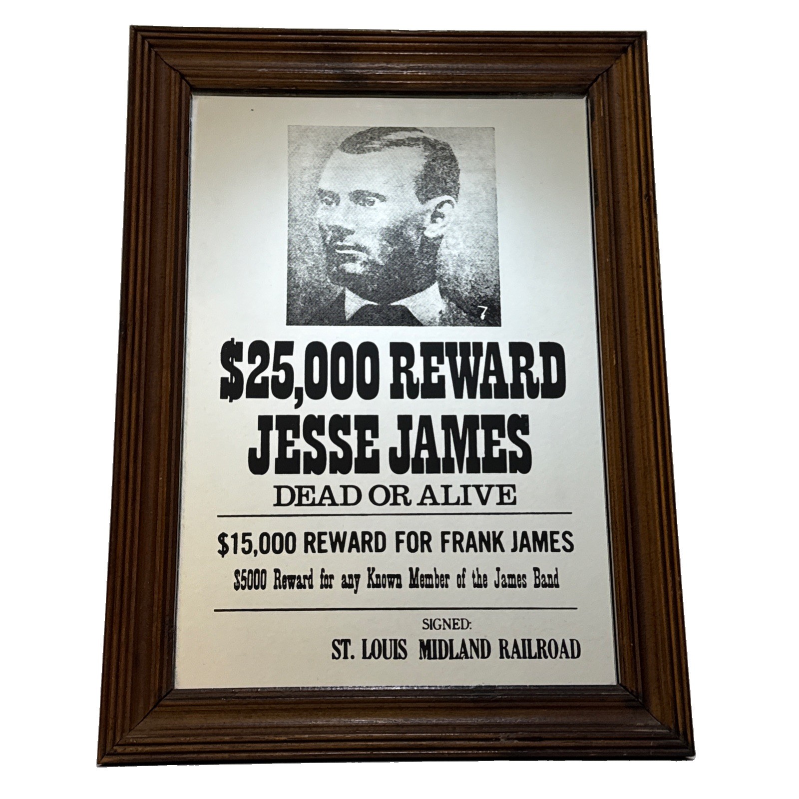 VTG Wanted Poster Jesse James $25,000 Reward Mirror Framed Bar Sign 18.5”x 13.5”