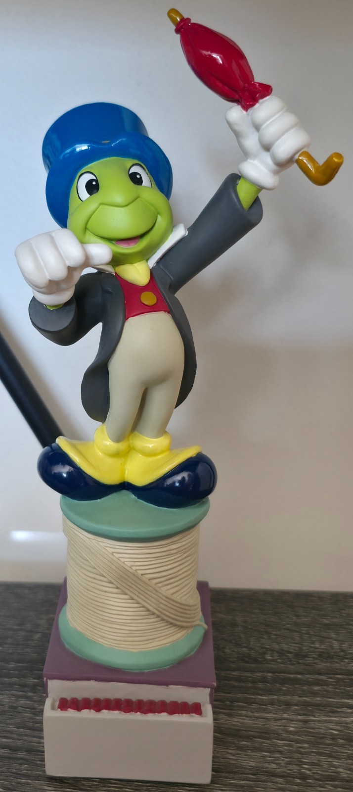 Disney Pinocchio Jiminy Cricket Figurine on Top of a Spool of Thread & Matchbox Disney Pinocchio Jiminy Cricket Figurine on Top of a Spool of Thread & Matchbox