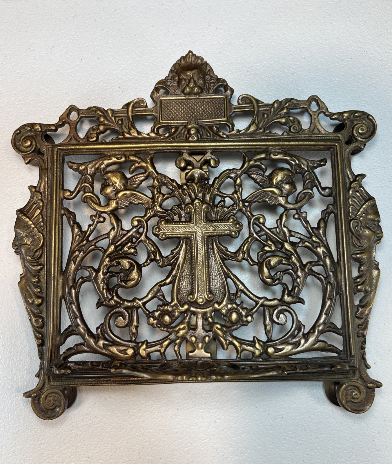 Ornate Solid Brass Altar Missal Stand Lion Head Cherub Bible Holder