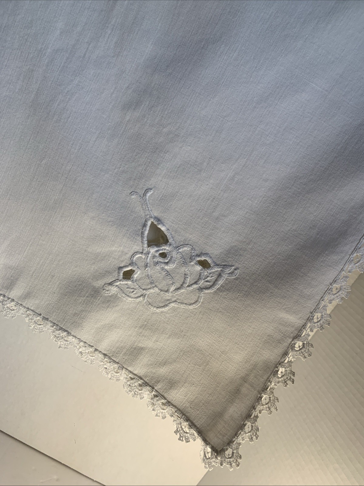 Antique Hand Embroidered White Tea Cloth Tablecloth Lace Cutwork Square 37x35”