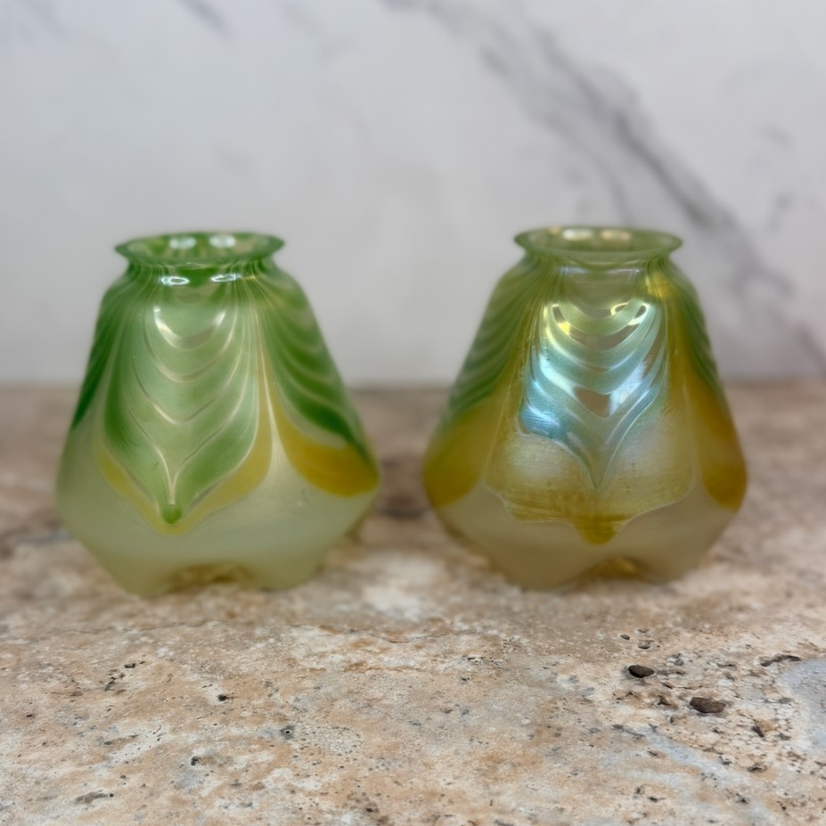 Antique Art Nouveau Uranium Glass Shades Pulled Feather Tulip Pattern