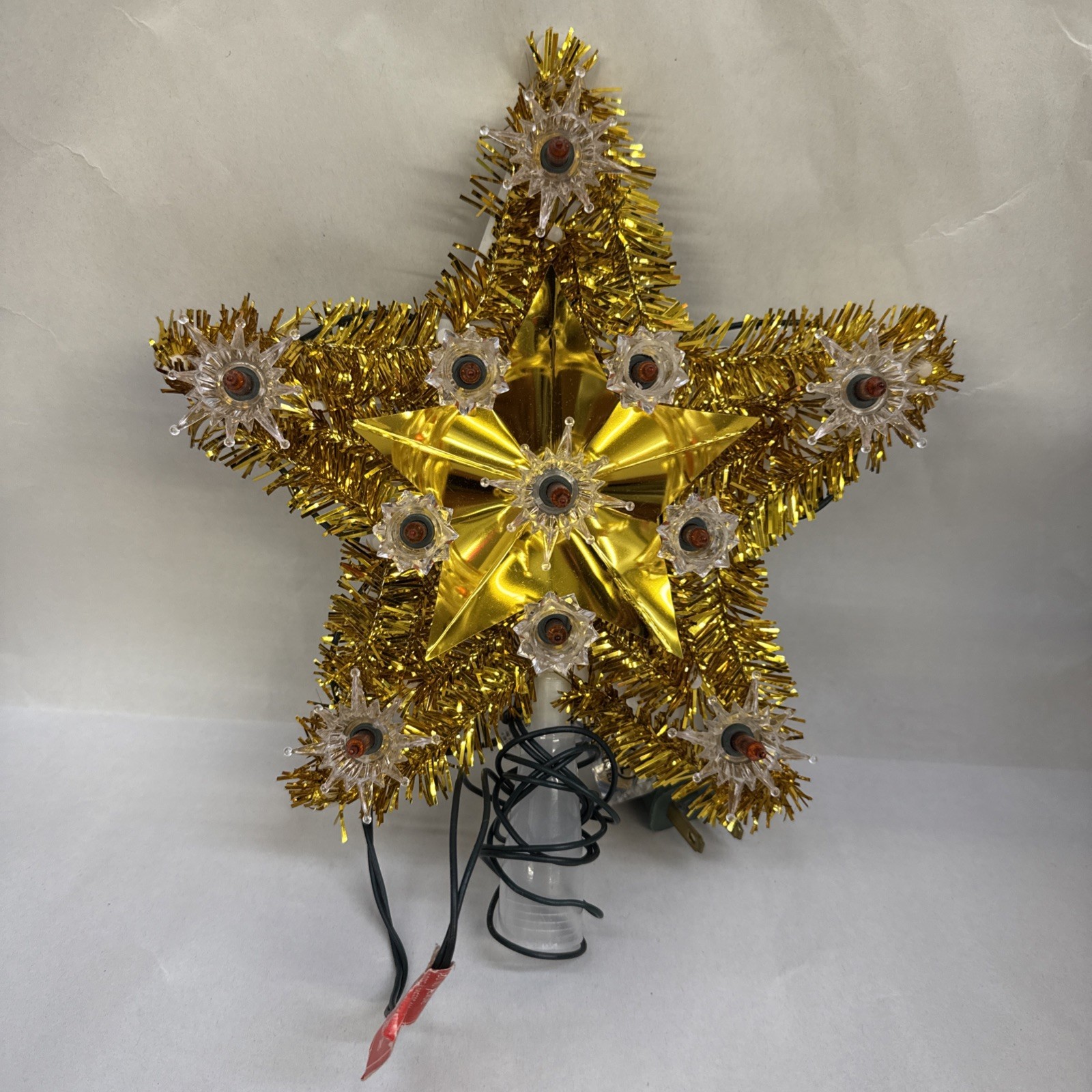 Vtg Gold Tinsel Lighted Christmas Star Tree Topper Retro MCM Tested Works (xI) Vtg Gold Tinsel Lighted Christmas Star Tree Topper Retro MCM Tested Works (xI)