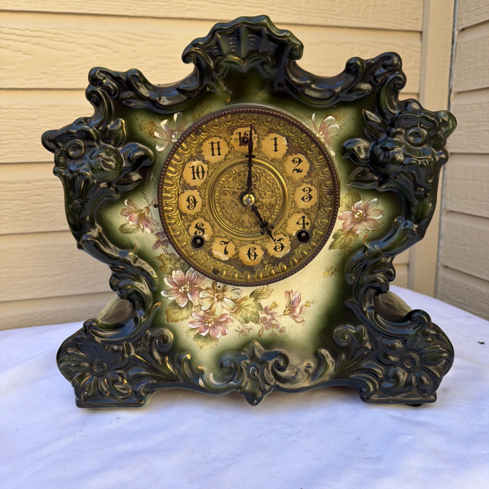 Antique 1903 Wm L Gilbert ?? No 244 Porcelain Mantel Clock Green Floral