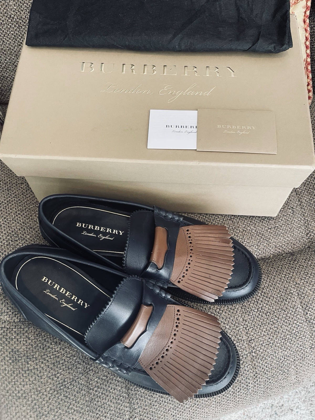 Burberry Kiltie Bedmoore Fringe Leather Loafers Navy/ Brown 43.5 Fits US 10.5