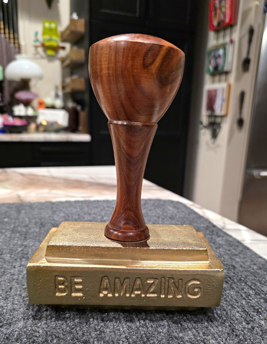 Vintage Brass & Wood Oversized Desk Stamp Paperweight 