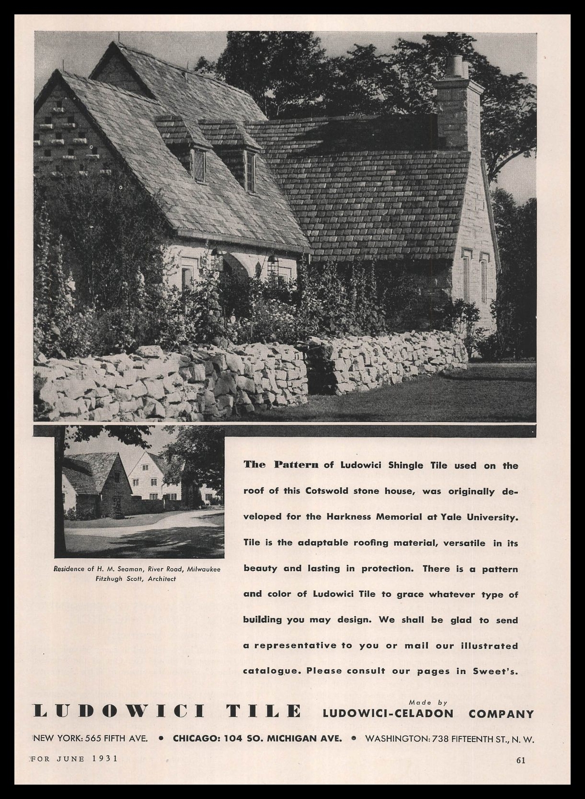 1931 Ludowici Shingle Tile Cotswold Stone House Photo Yale University Print Ad