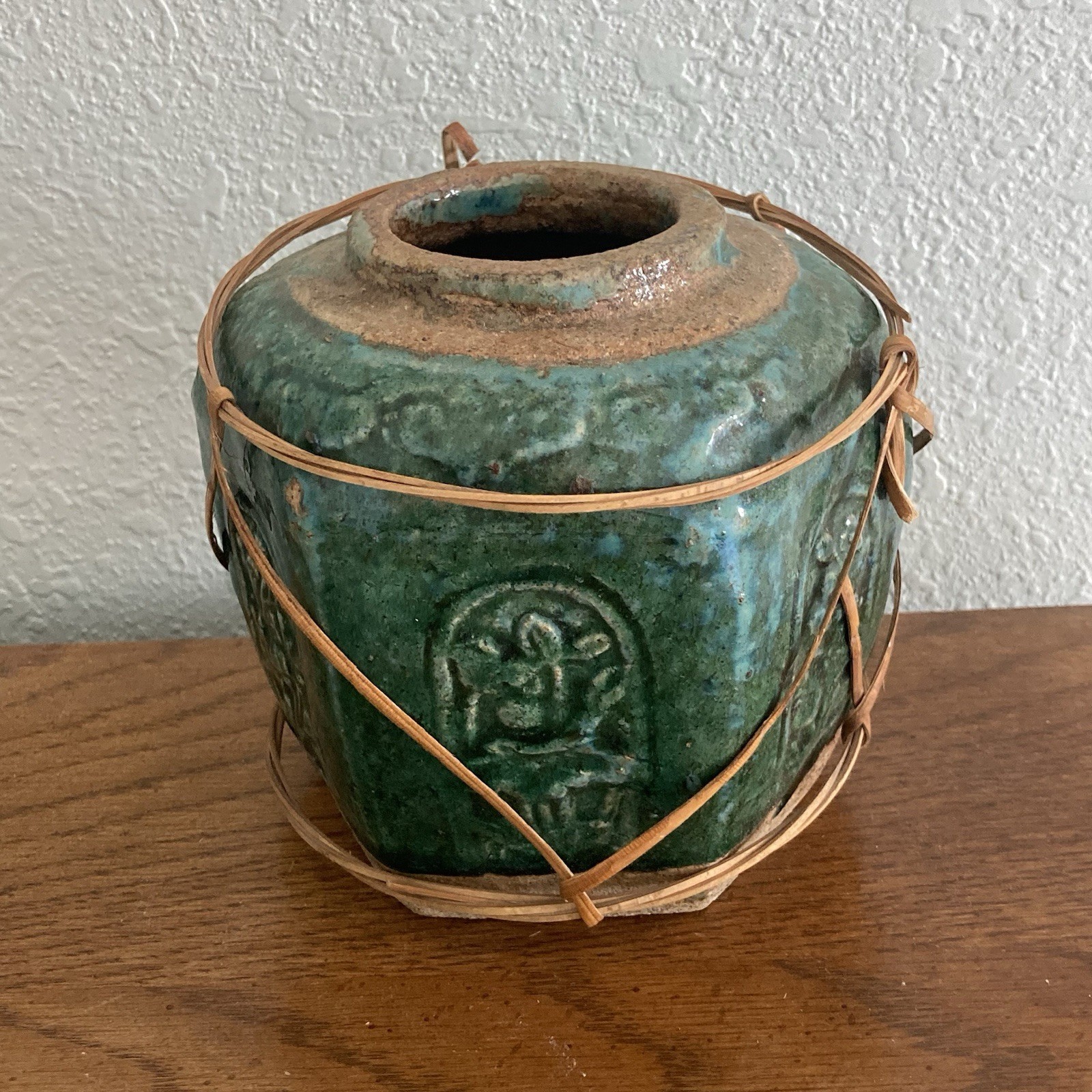 Antique Chinese Shiwan Pottery Ginger Jar Hexagonal Green Glaze Bamboo Basket