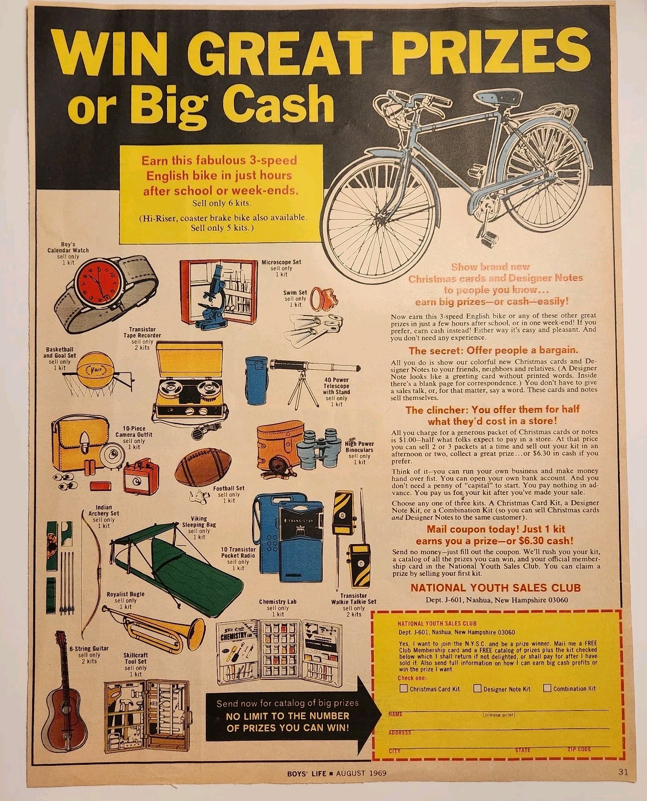 1969 National Youth Sales Club Prizes English Bicycle Retro Original Print Ad