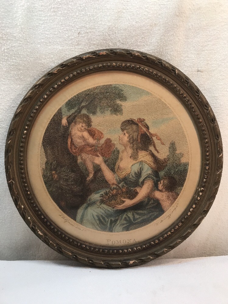 Vtg Pomona 1800’s print SMALL Round Victorian Frame AUX TROIS QUARTIERS FRANCE