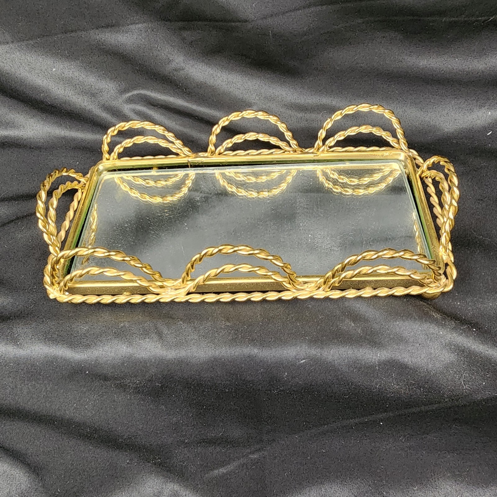 Vtg Mirrored Gold Tone Vanity Dresser Tray Rope Hollywood Regency
