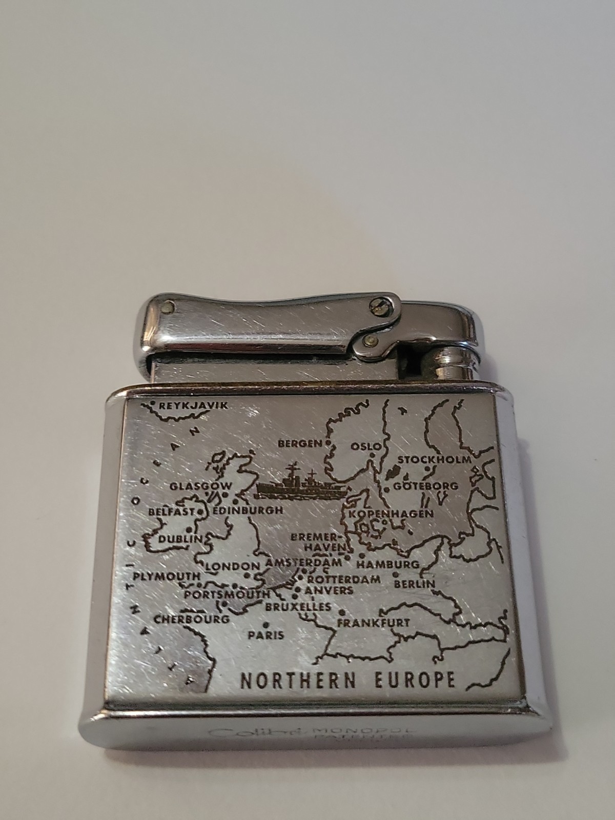 Vintage 1950s Colibri Monopol Automatic Pocket Lighter Northern Europe Map Rare 