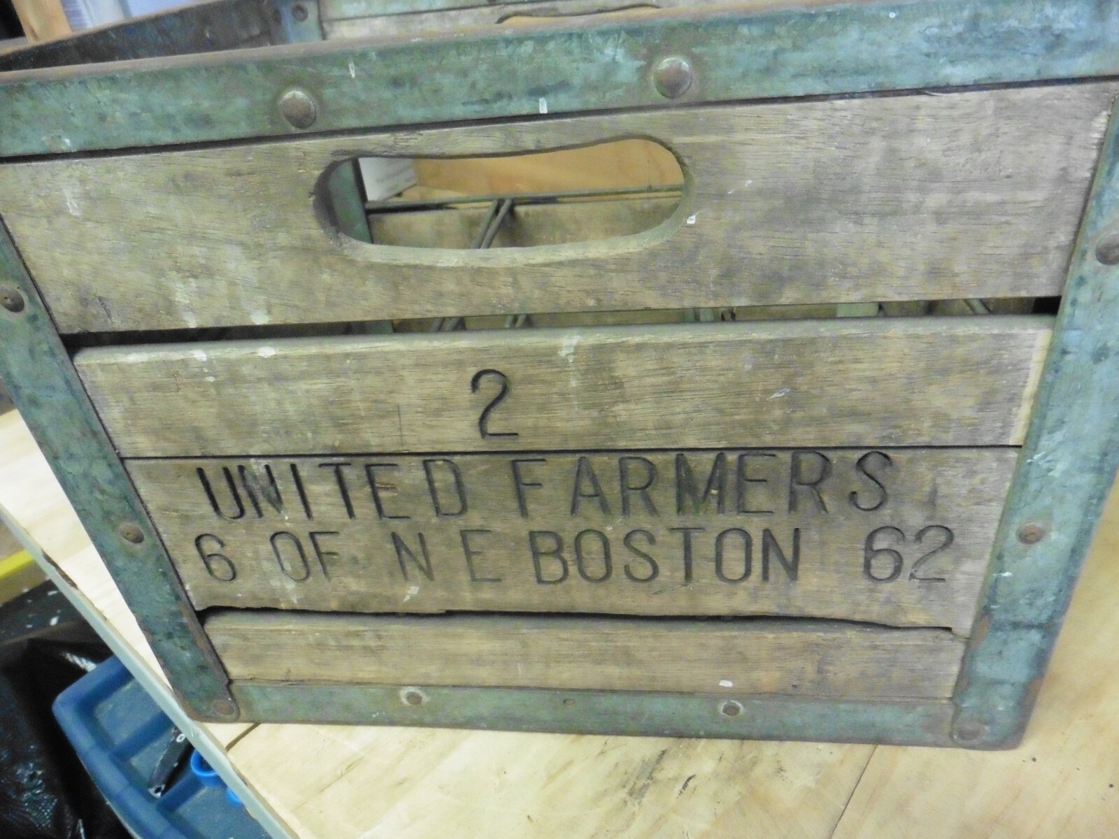 Rare Vtg UNITED FARMERS OF NE BOSTON MA. Milk Crate wood box metal 1962