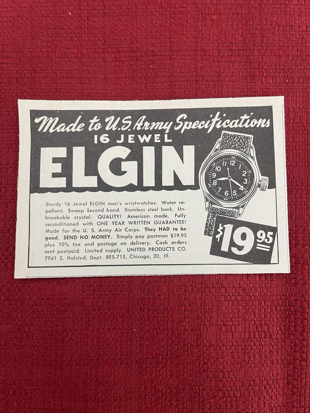 Vintage 1948 Print Ad Elgin Wristwatch 16 Jewel Army Specifications Ad Only
