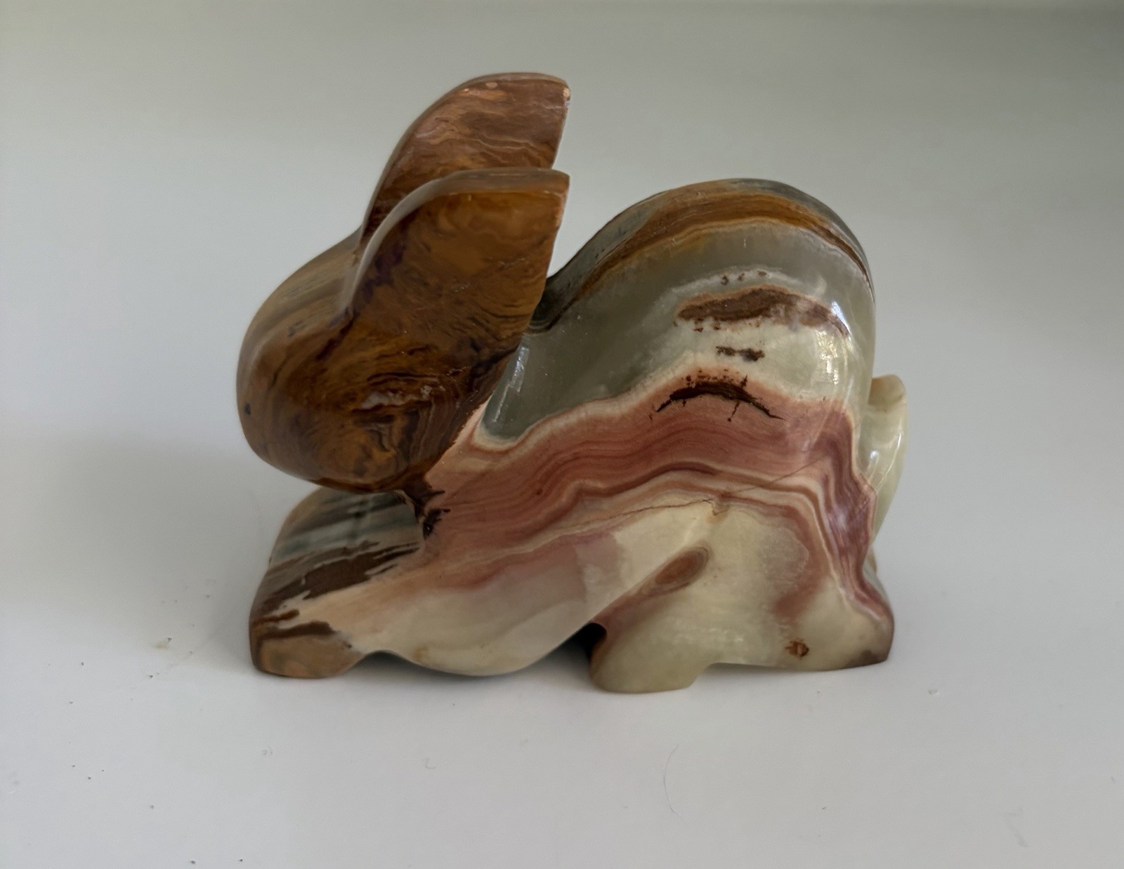 Vintage Hand Carved Banded Onyx Rabbit Figurine Marbled Aragonite Stone Bunny