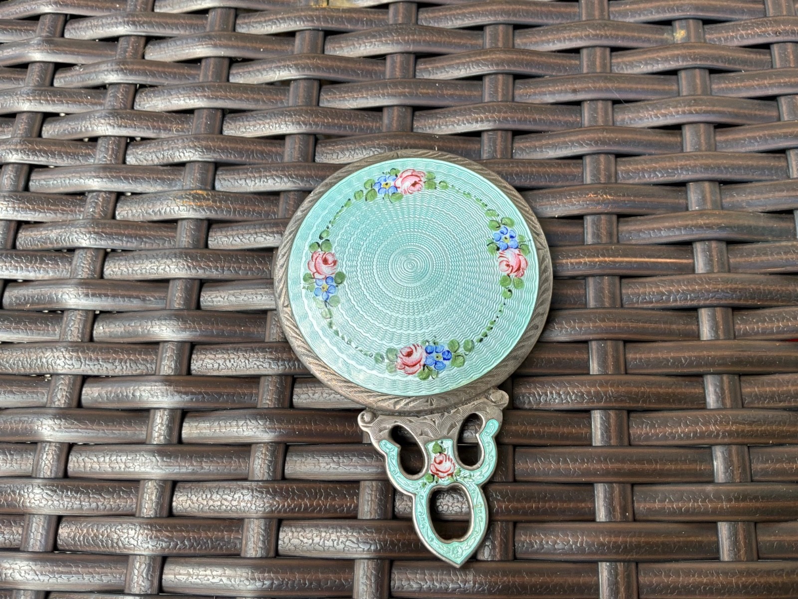 Vtg. Guilloche Sterling Hand Mirror Roses Beveled Lt. Blue Pink Roses Chatelaine Vtg. Guilloche Sterling Hand Mirror Roses Beveled Lt. Blue Pink Roses Chatelaine