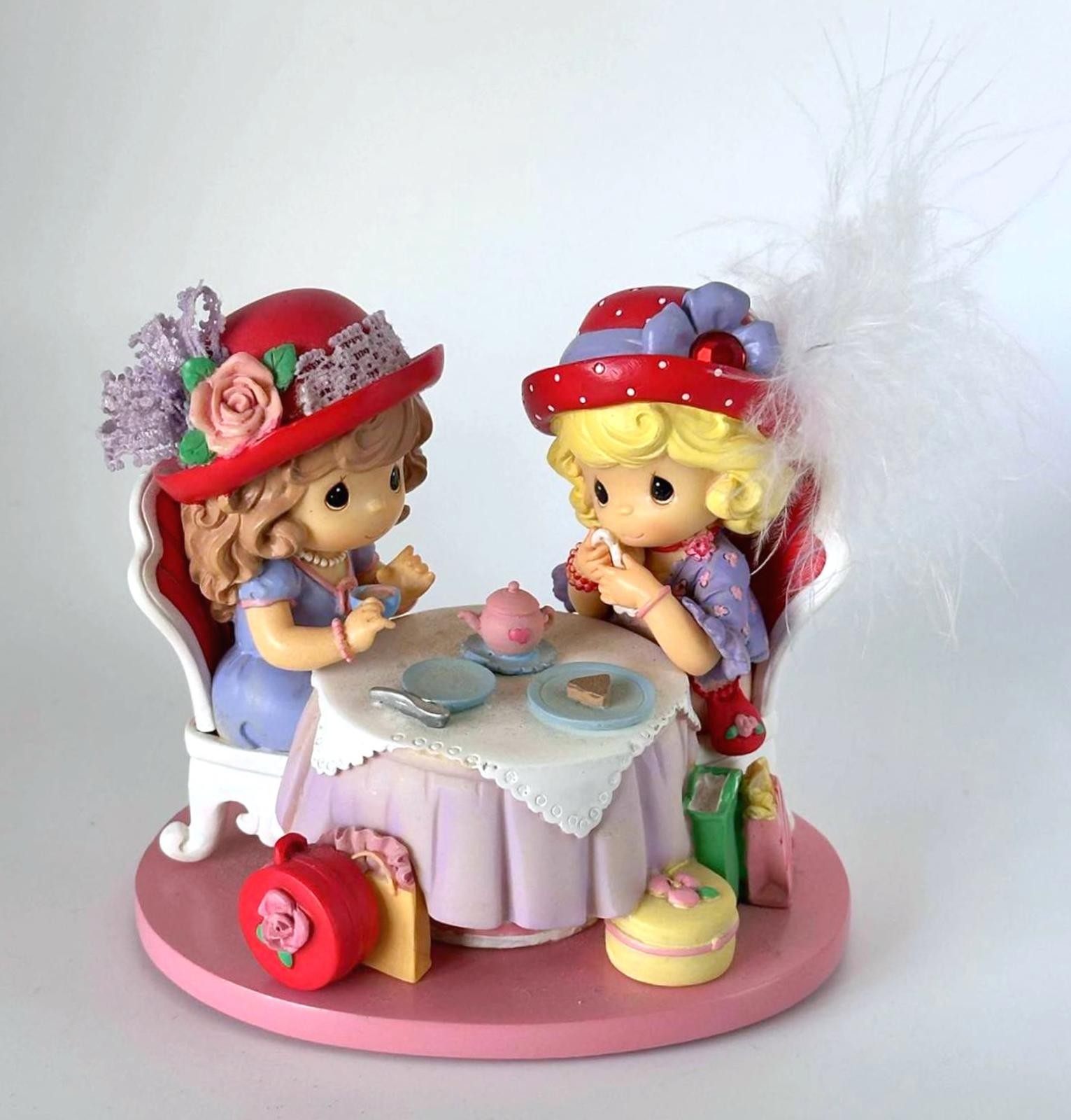 Charming Red Hat Tea Party Figurine Girls HTF Rare Vintage Style Decor Gift