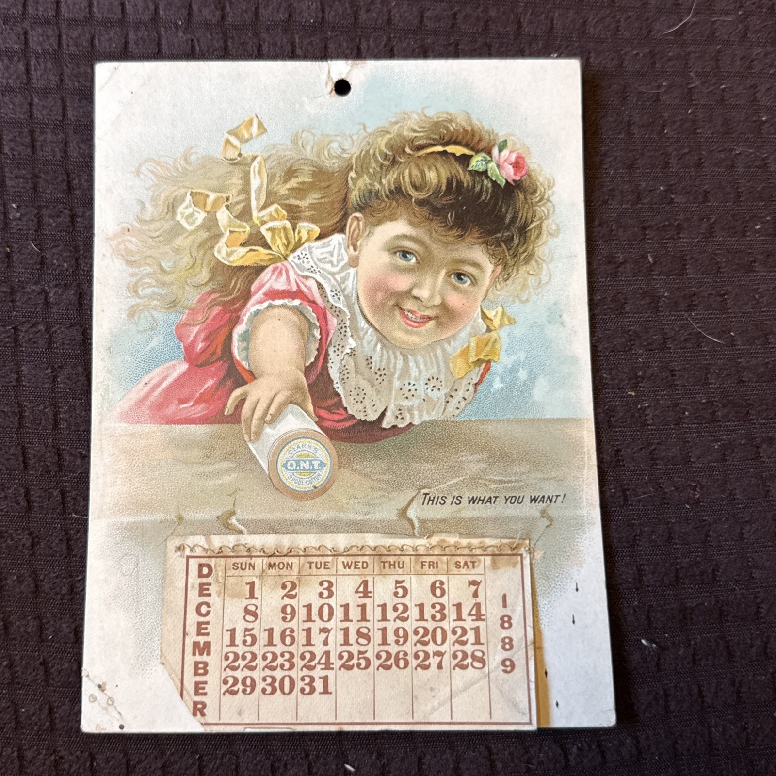 Antique 1889 Clark’s O.N.T. Spool Cotton Victorian Trade Card Girl Calendar Card