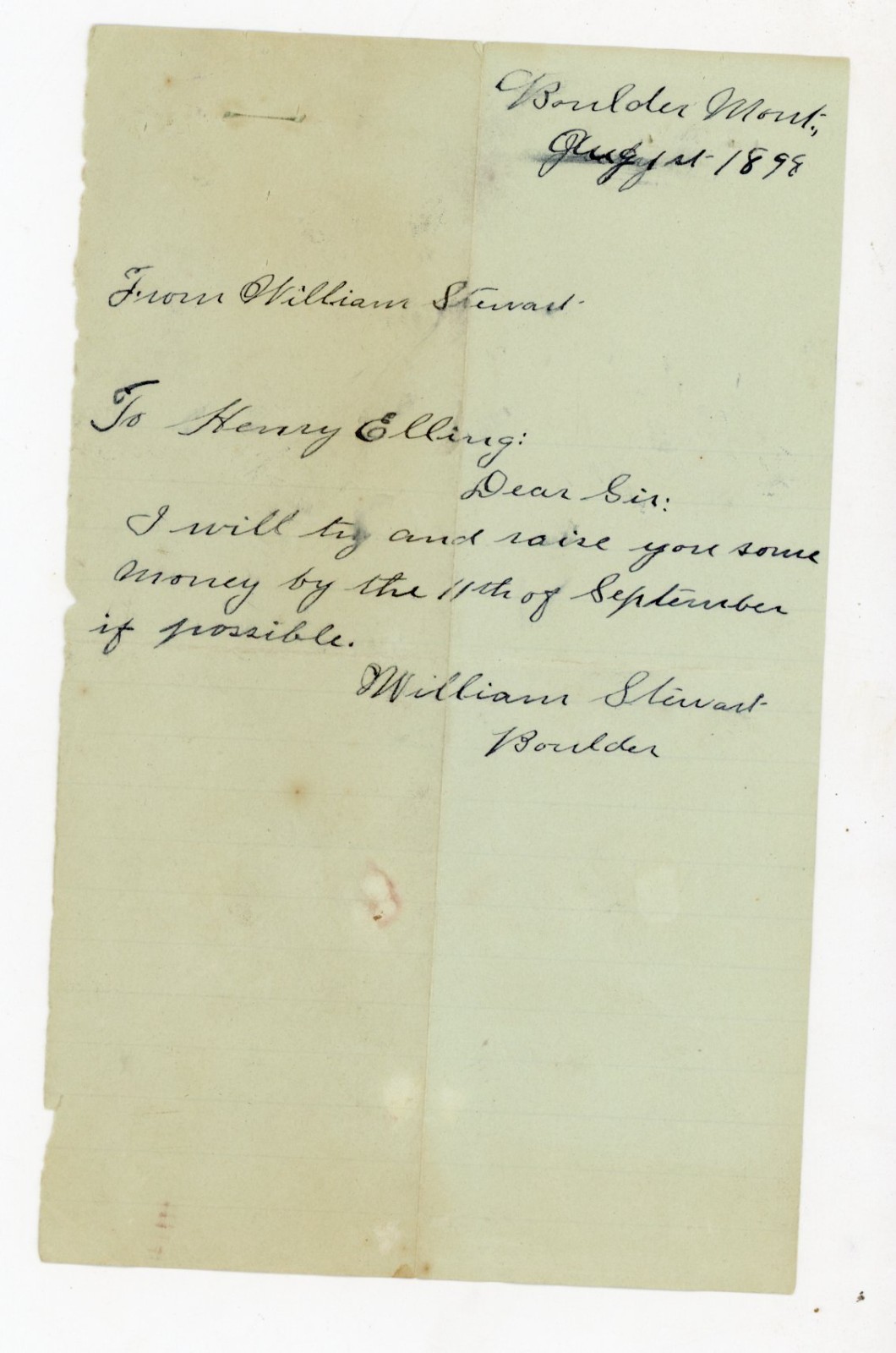 1898 Handwritten Letter Boulder Montana Henry Elling Signed William Stewart