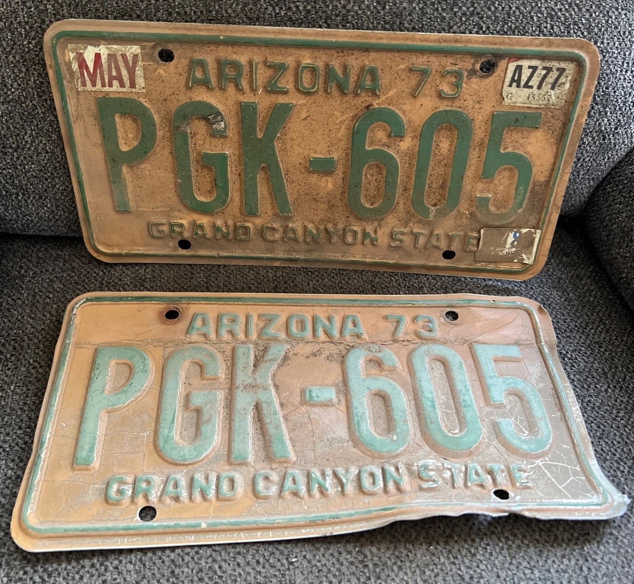 2 Vintage 1973 Matching Pair Arizona License Plate Yellow & Green