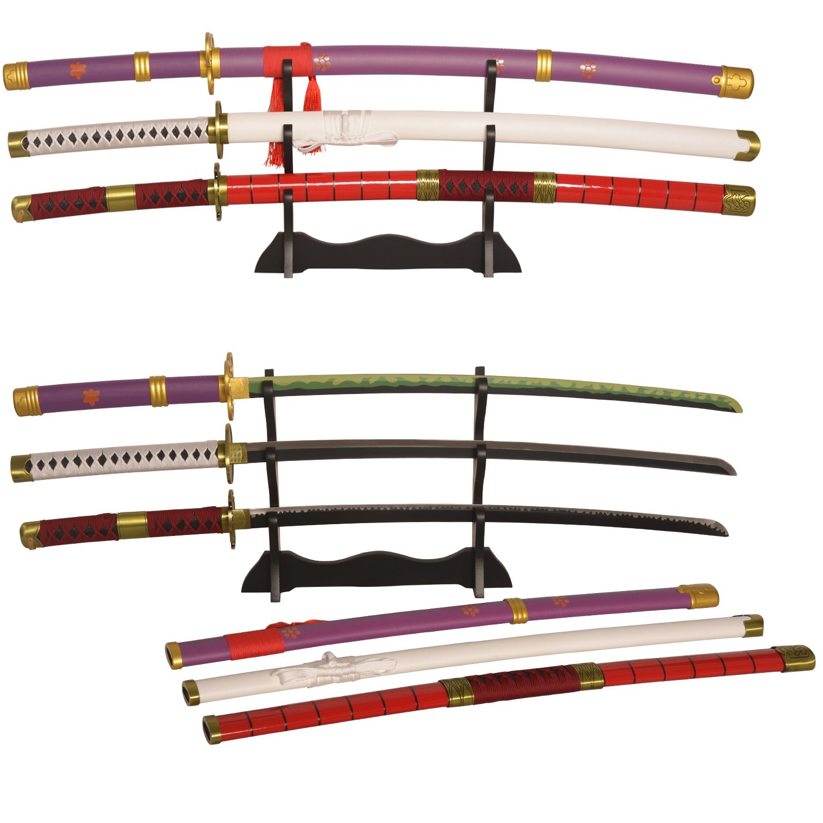 Zoro‑Style 3‑Pcs Metal Katana Set, Sandai Kitetsu Wado Ichimonji Yama‑Enma. Zoro‑Style 3‑Pcs Metal Katana Set, Sandai Kitetsu Wado Ichimonji Yama‑Enma.