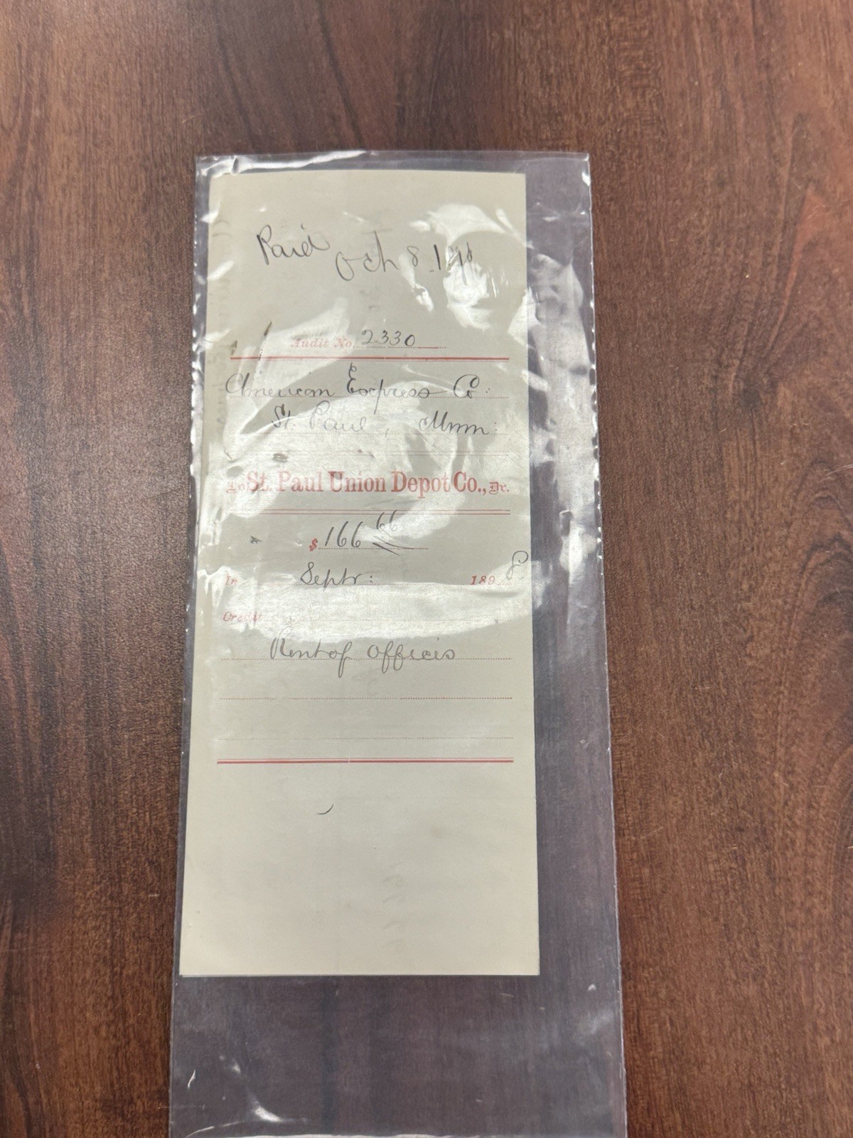 VTG Oct 1890 St. Paul Union Depot Co. Rental Receipt 166.66 Railroad Ephemera
