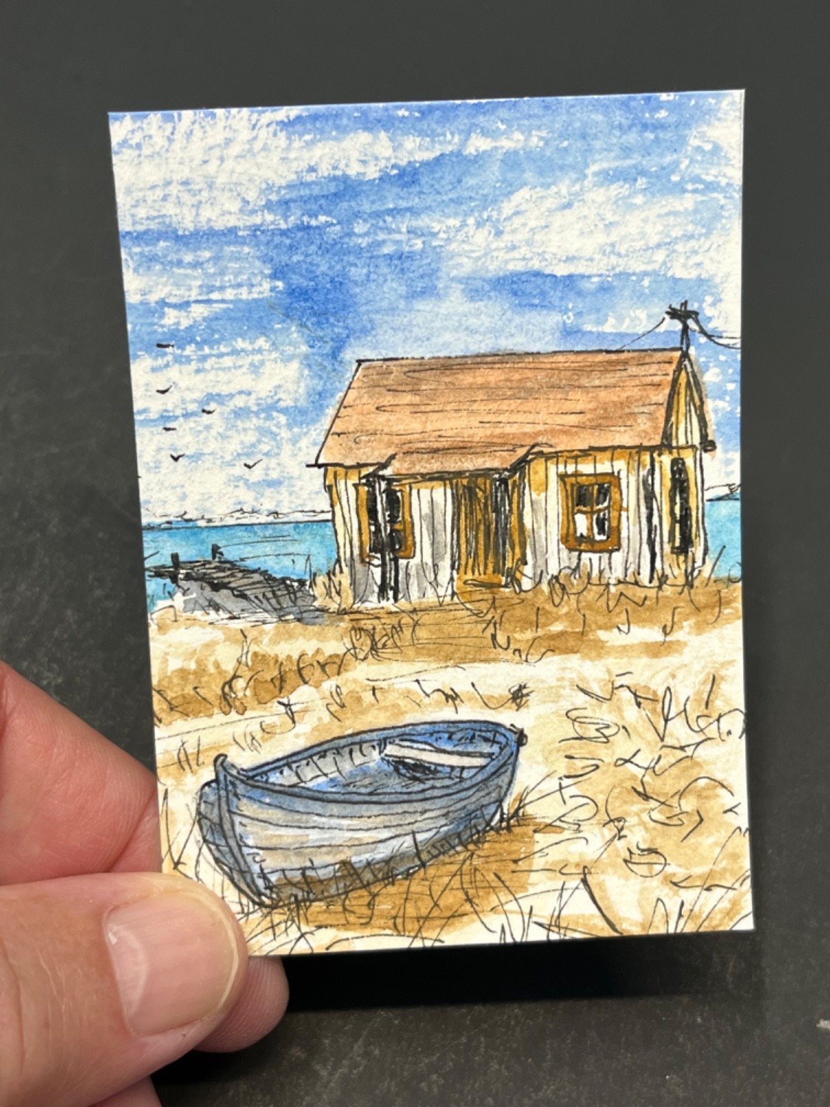 ACEO Original Watercolor Painting, Boat and Cabin Beach Front Ocean Bay View