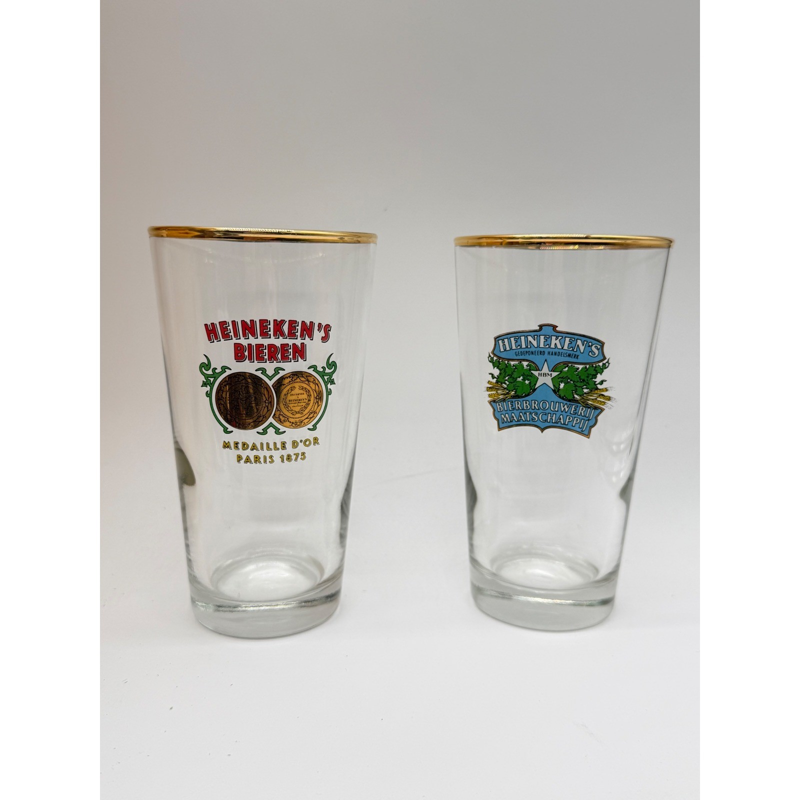 Vintage Heineken Bieren Gold Rim Beer Glasses Set of 2 Medaille D\'Or Paris 1875