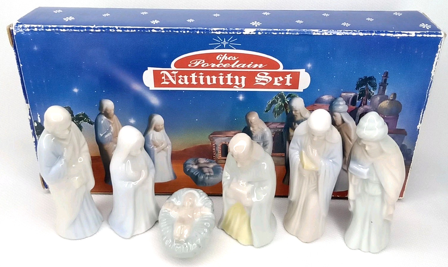 Vintage 1990s GiftCo Christmas 6 Piece Porcelain Nativity Set With Original Box